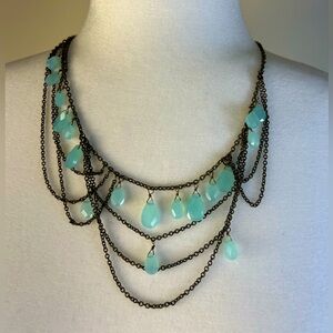 T Tahari Layered Fashion Necklace with Aquamarine Teardrop Glass Beads